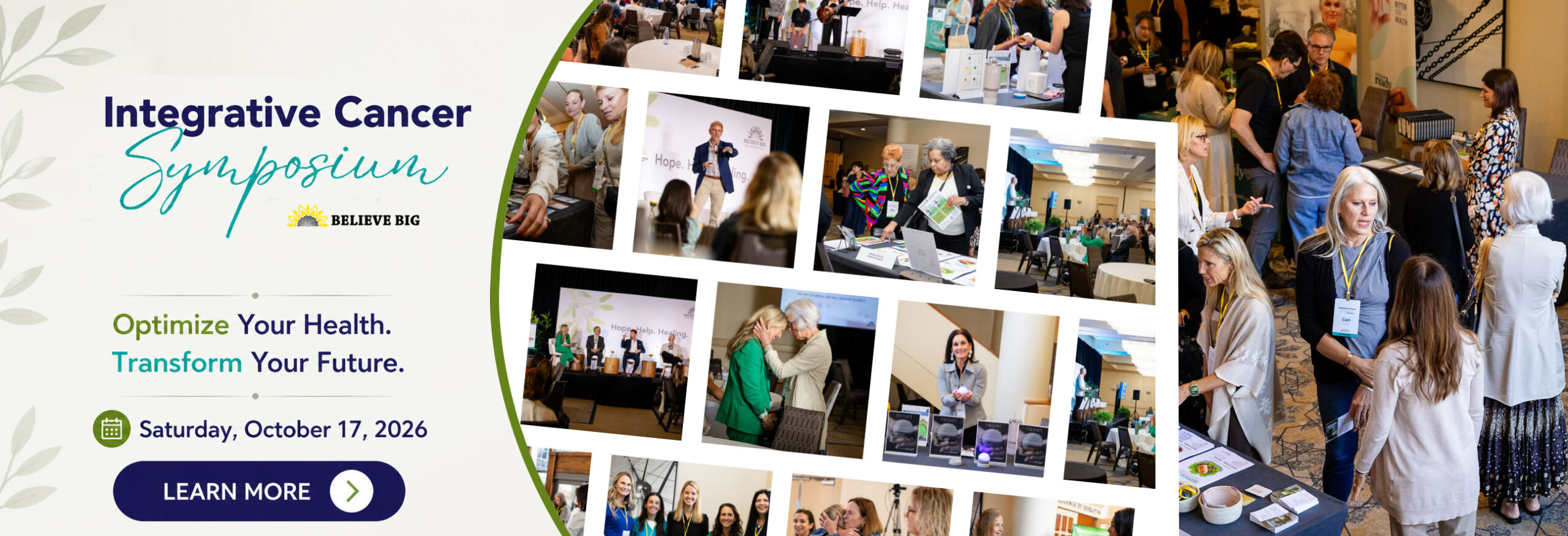 Integrative Cancer Symposium banner with event tagline, date, and a collage of conference photos and a Learn More button.